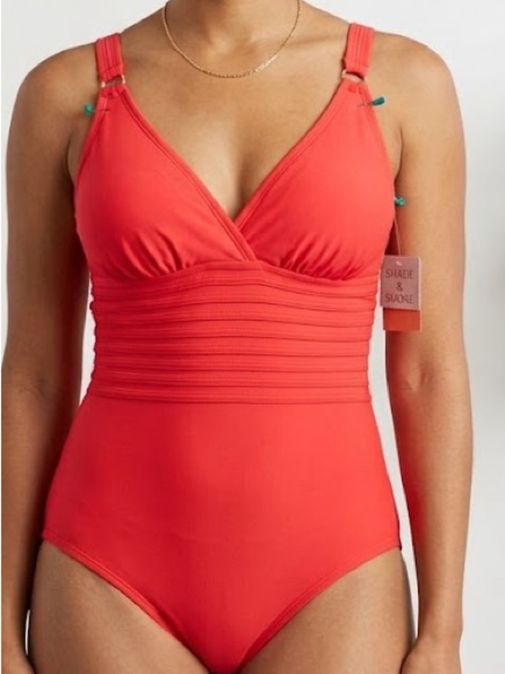 Shade & Shore Coral-Red V-Neck One-Piece Swimsuit